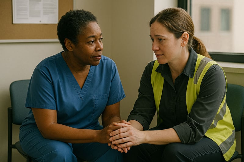 nurse comforting another woman sitting near window