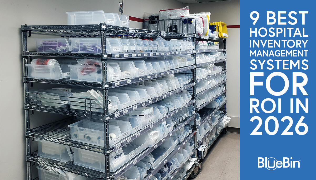 clear, 2-bin kanban bins on a rack in a hospital supply room