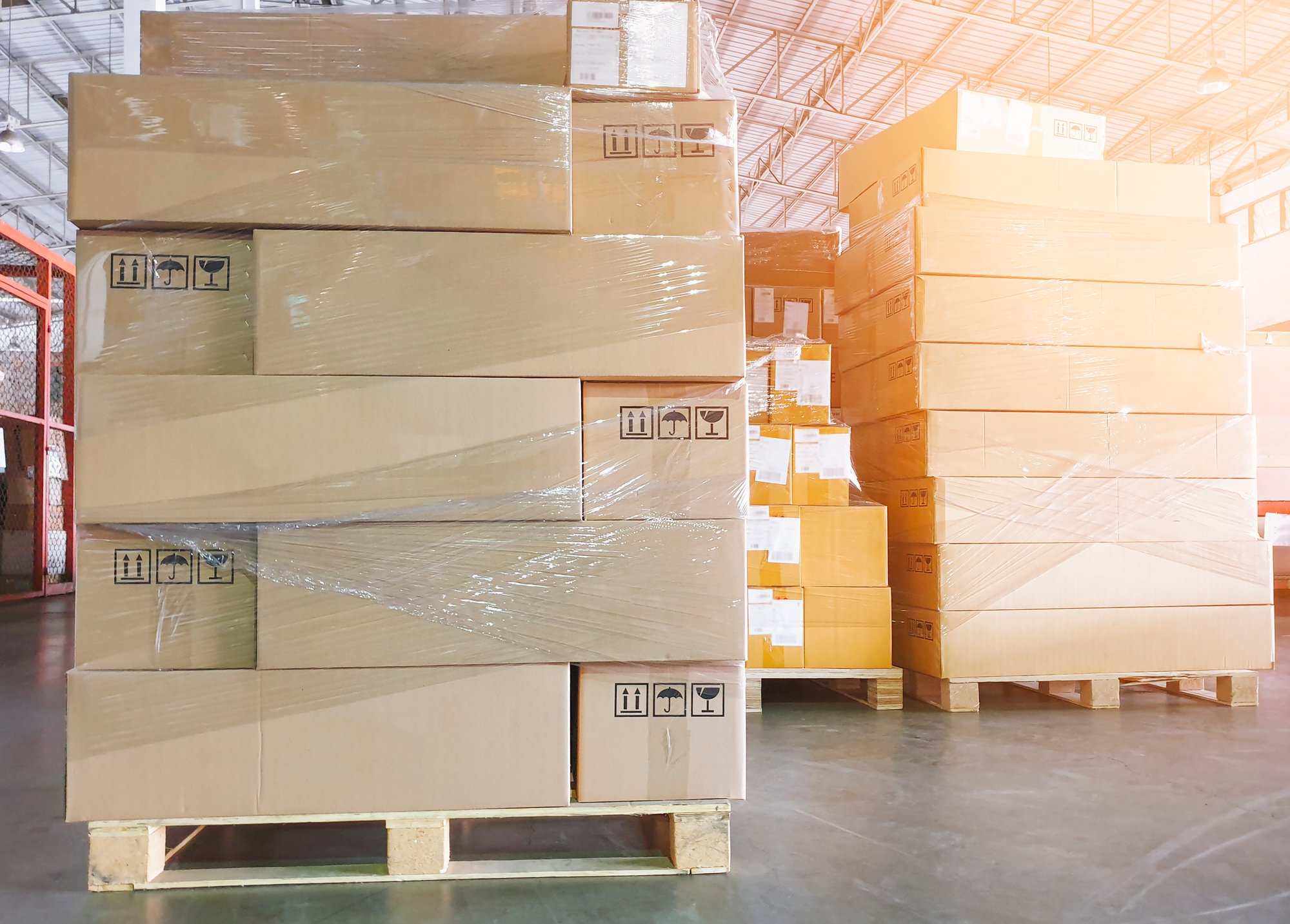 pallets of boxes in warehouse